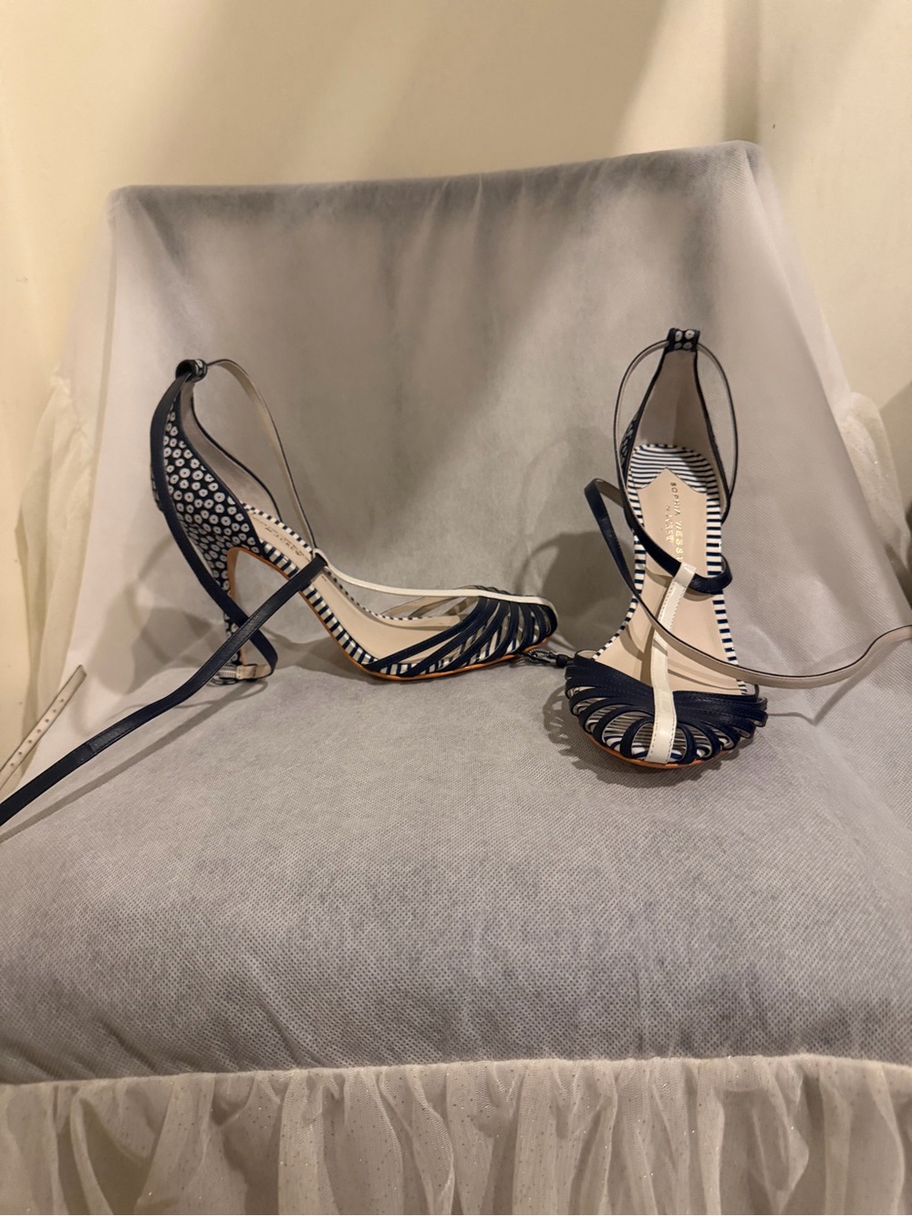 Sophia Webster Navy and White Strappy cross leg heels size 9.5